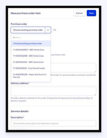 Purchase orders on the roster - choose purchase order
