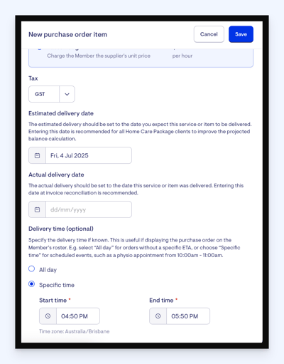 Purchase orders on the roster - specific time