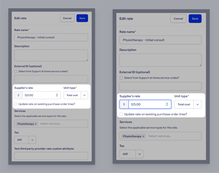 TPP rate section - edit rate combined