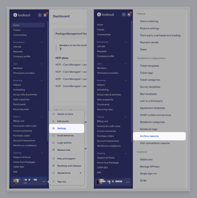archive reasons settings