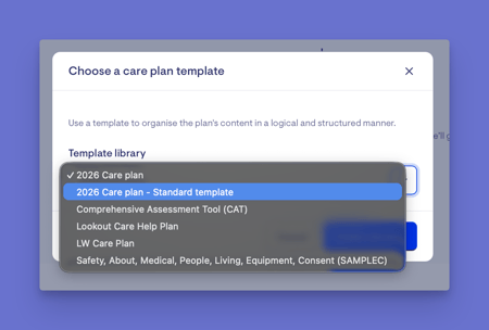 create plan - select care plan template