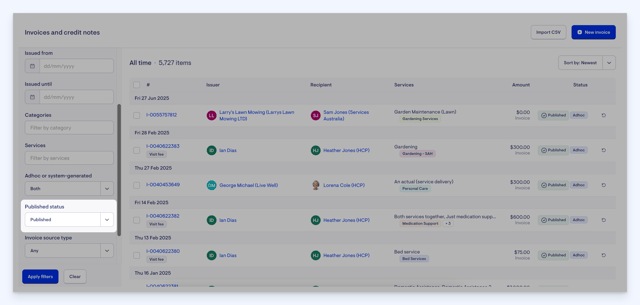 editable invoices - published filter