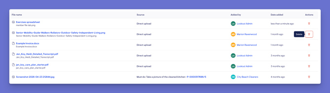 link to files and delete icon