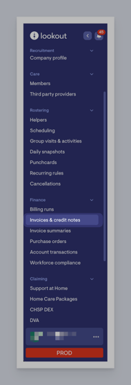 main menu invoices and credit notes