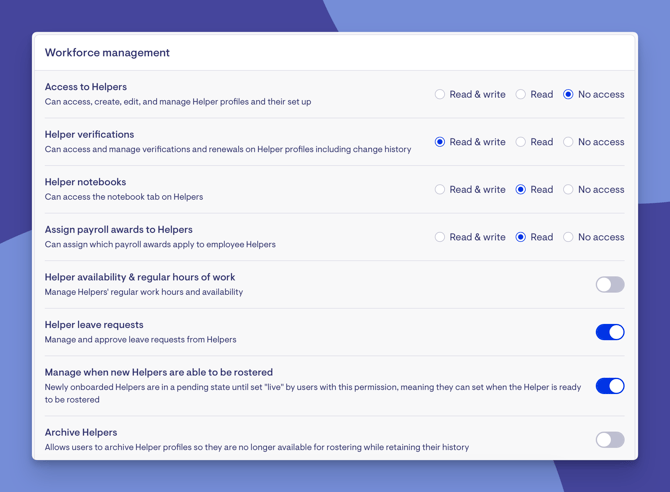 permissions toggle and tick example