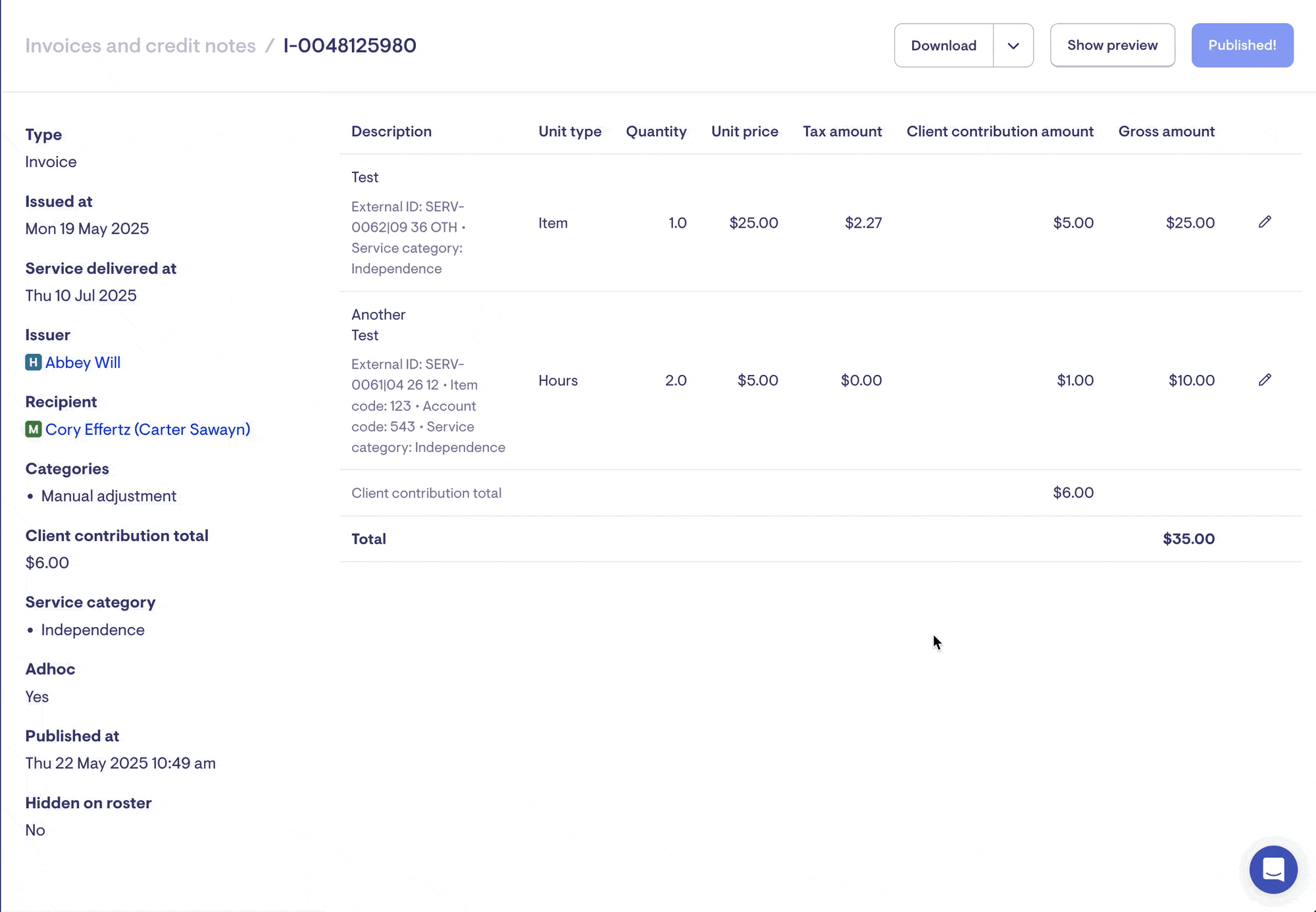 published invoice printpreview