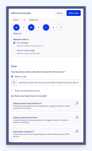 service plan travel costs