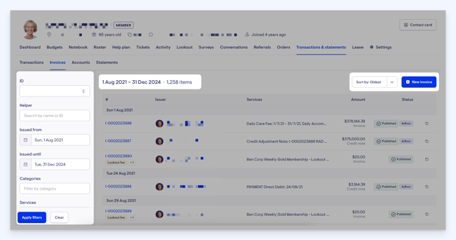 show member invoices - filters