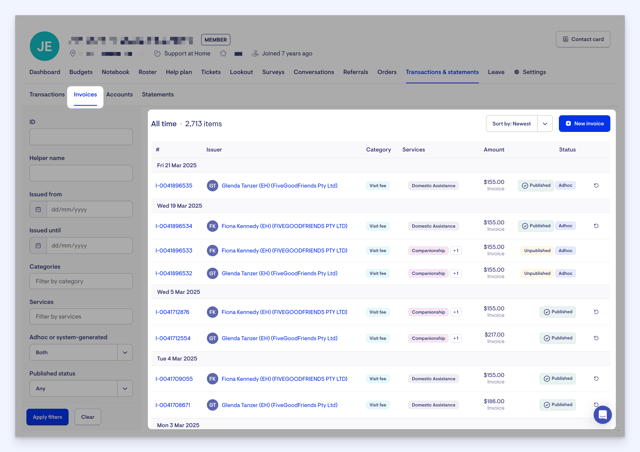 show member invoices - invoices