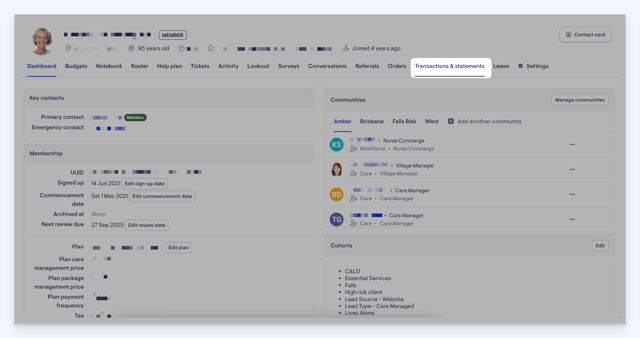 show member invoices - member dahsbord tabs