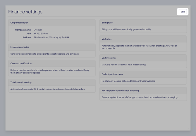 time tracking - finance settings edit